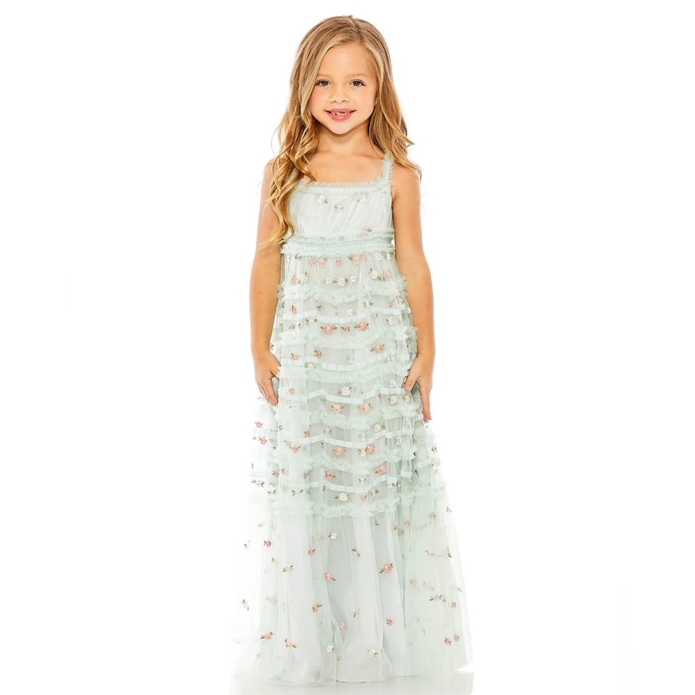 NWT $598 Mac Duggal Little Girls 8217 Ruffle Embroidered Floral Long Dress Blue